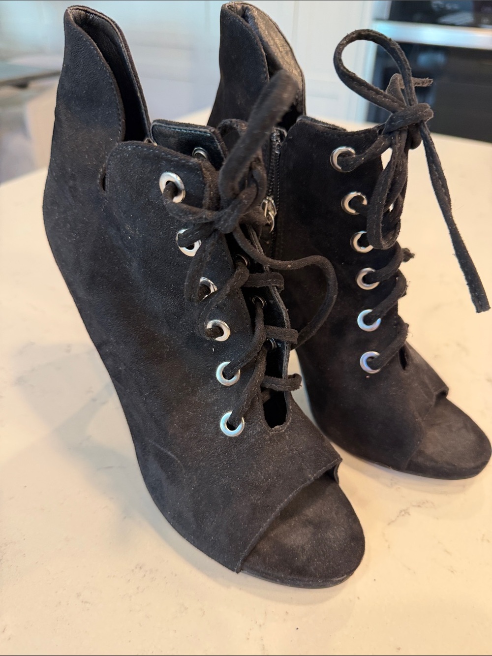 Aldo Black Suede Lace-Up Peep-Toe Wedge Boots